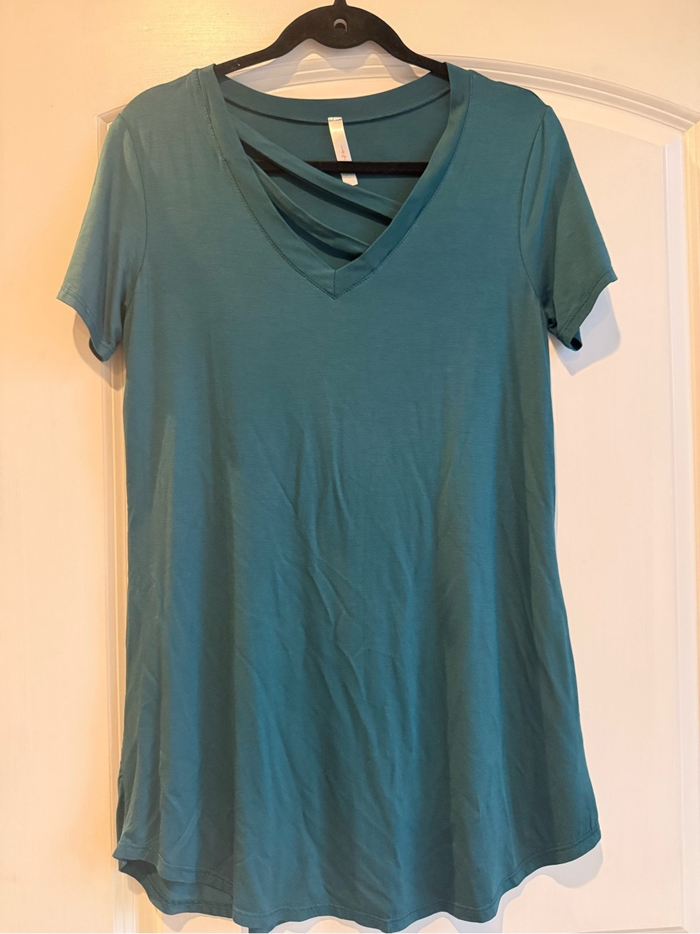 V-Neck Short Sleeve Tunic with Crisscross Detail - Teal